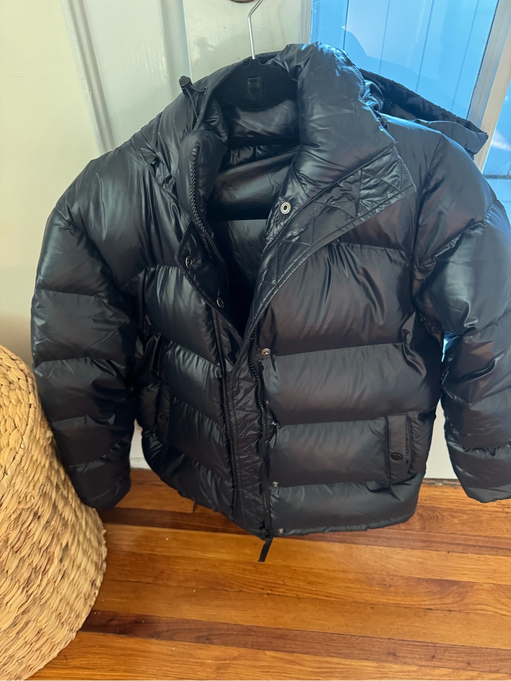 Quince shiny black puffer coat